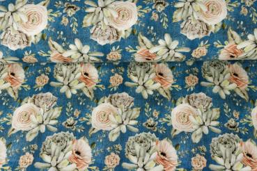Preview: French Terry angeraut Rose & Echeveria auf Jeansoptik Blau